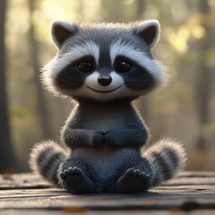 Cute cartoon raccoon sits serenely
