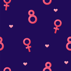 Seamless pattern with number 8 and female icon on dark background. March 8 Women's Day. Vector illustration.
