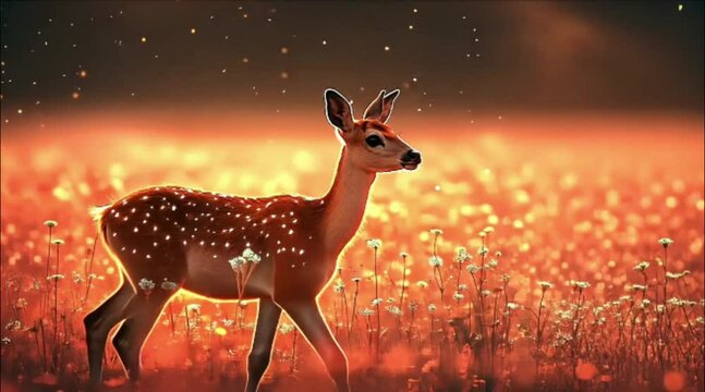 Deer in a field of wildflowers at sunset