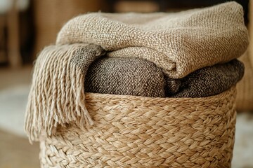 Obraz premium high-quality photograph of a close-up of a woven jute basket with folded blankets inside. Generative AI