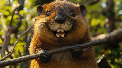 Happy beaver holding a branch