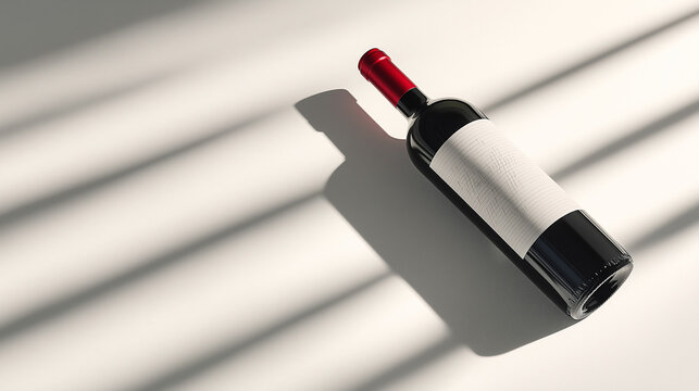 A red wine bottle lies horizontally on a white surface