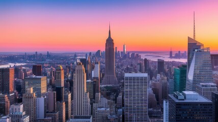 Fototapeta premium A vibrant cityscape view of New York City skyline during sunset or sunrise