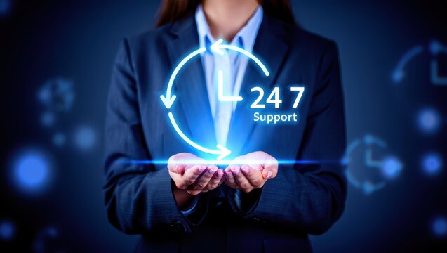 Businesswoman Presenting 24 7 Support Concept with Glowing Symbol in Her Hands Representing Always Available Customer Service