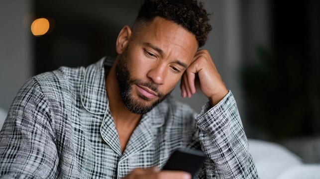 Thoughtful Man in Pajamas Looking at Phone