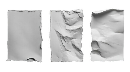 Obraz premium Three crumpled, light gray rectangular shapes, appearing like paper or fabric. Crisp edges, varying degrees of texture