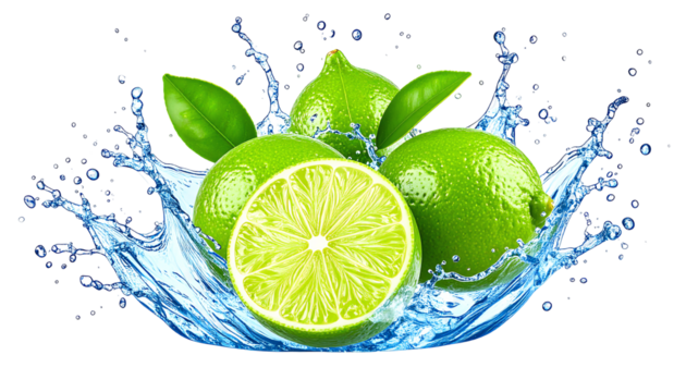 Fresh limes with water splash background healthy food and drink concept isolated on transparent background