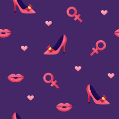 Seamless pattern with high heel shoes and red lips on dark background. March 8 Women's Day. Vector illustration.
