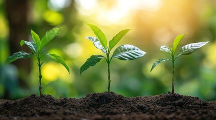 Coffee bean seedlings in a row, symbolizing growth and sustainability in agriculture.
