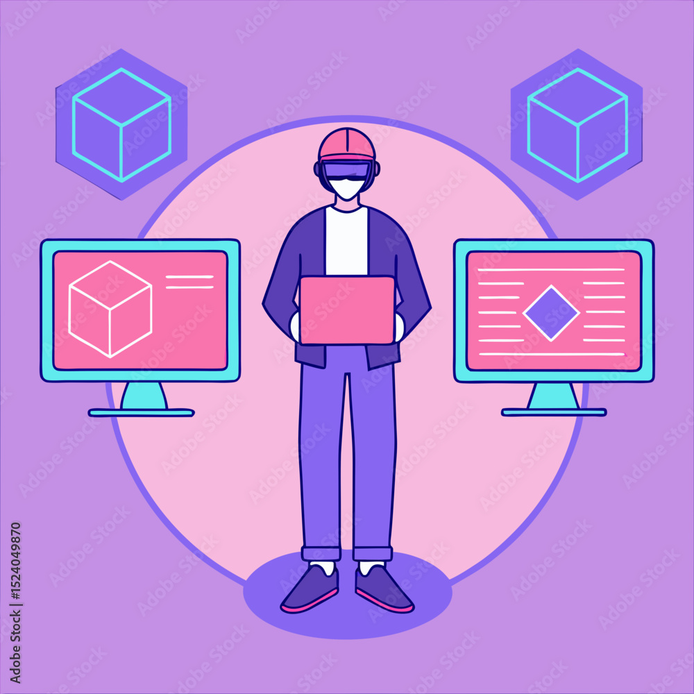 Poster virtual reality worker holding a box between two monitors, surrounded by floating cubes, silhouette 