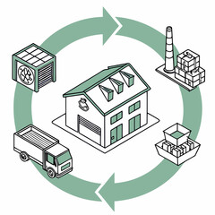Naklejka premium A factory distribution cycle with truck, boat, and warehouse isolated on white background silhouette vector