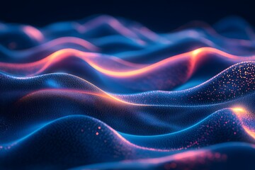 Abstract digital wave pattern with soft glowing colors, reminiscent of undulating energy fields or fluid dynamics, invites a sense of serenity and futuristic exploration.