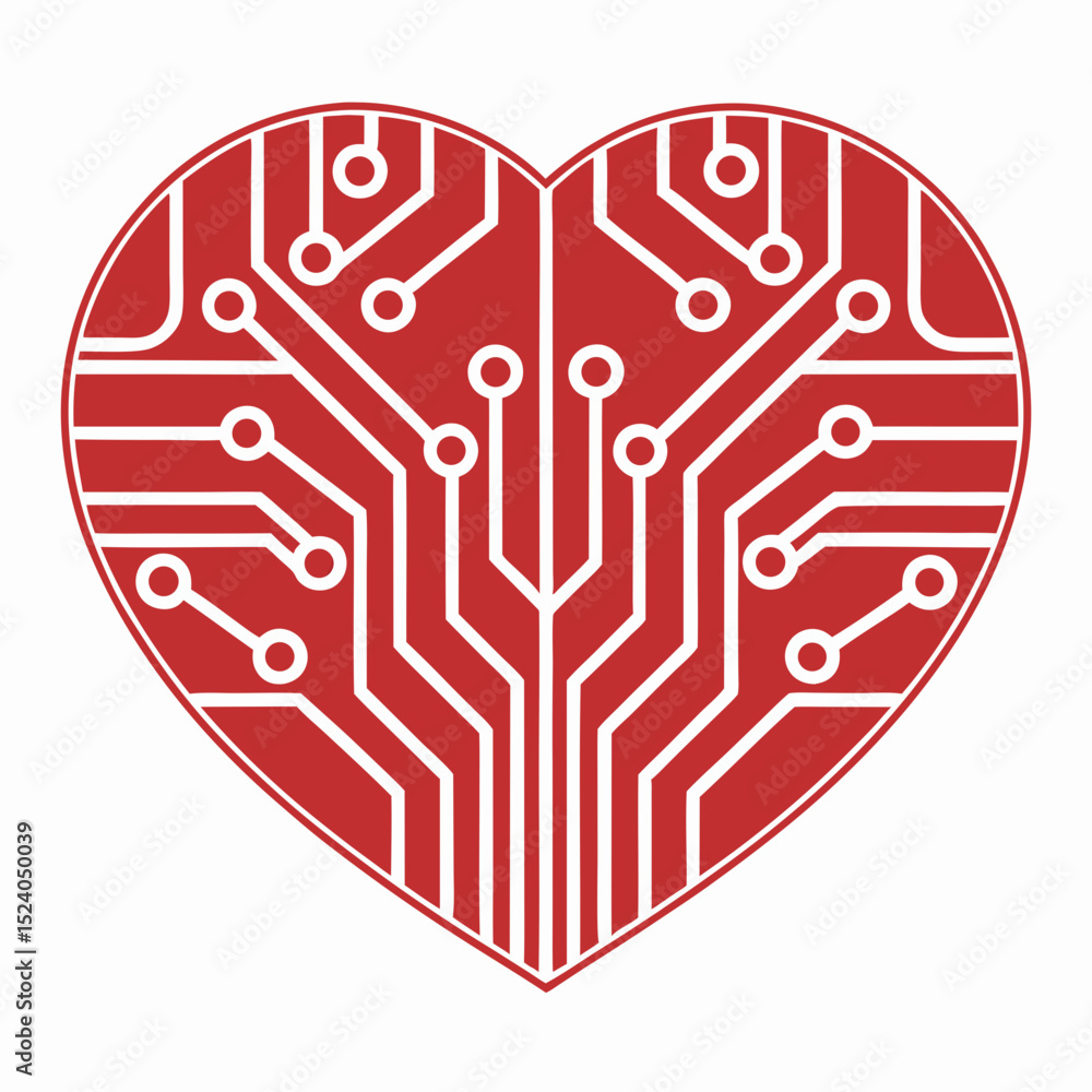 Poster red heart with white circuit board pattern isolated on white background silhouette vector