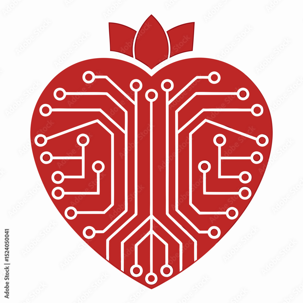 Poster red heart with white circuit board pattern isolated on white background silhouette vector