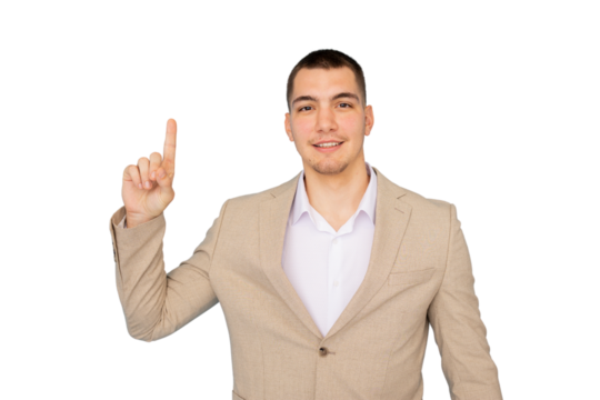 Confident businessman gesturing upward with index finger during professional photo shoot, white backdrop