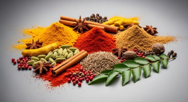 Colorful arrangement of aromatic spices including turmeric, chili, and cinnamon for culinary use