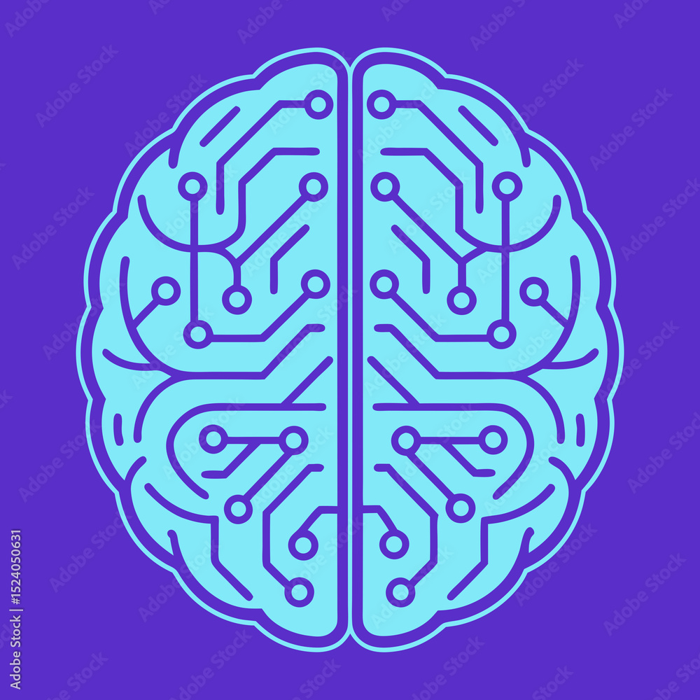 Aufkleber stylized brain with circuit patterns on purple background silhouette vector