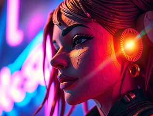 Cyberpunk woman profile neon city.
