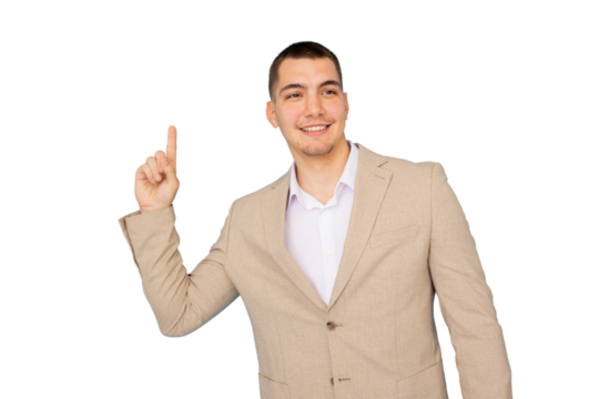 Professional businessman in suit pointing upward, signaling innovative concept against transparent backdrop