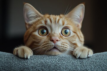 Surprised orange cat expressing wide-eyed astonishment indoors
