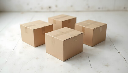 Fototapeta premium Four brown cardboard boxes sit on a white, cracked floor ready for shipping or storage.