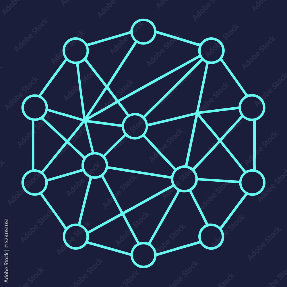 Poster interconnected cyan circles linked by lines on a dark blue backdrop, forming a network silhouette ve