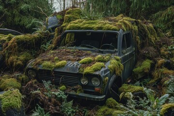 Abandoned car junkyard overtaken by moss and vines in a remote forest area