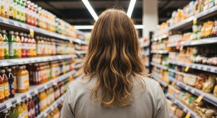 Woman walking down a supermarket aisle looking at shelves filled with various products