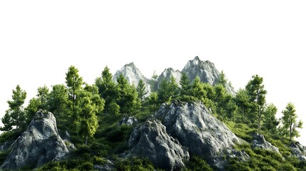 Lush Green Forest atop Rocky Mountain Peaks, on White Background