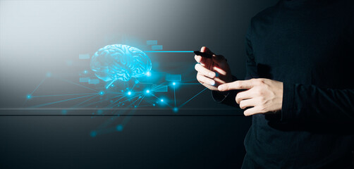 hand of businessman interactive touching a holographic of transaction financial network data...