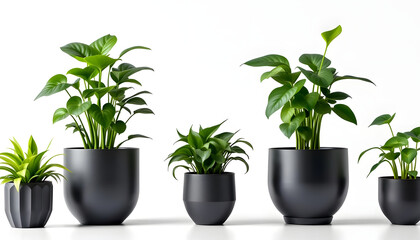 Obraz premium Five potted plants with lush green foliage against a clean, white backdrop.