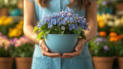   A woman in a blue dress cradles a bowl brimming with purple and white blossoms against a backdrop of lush potted plants