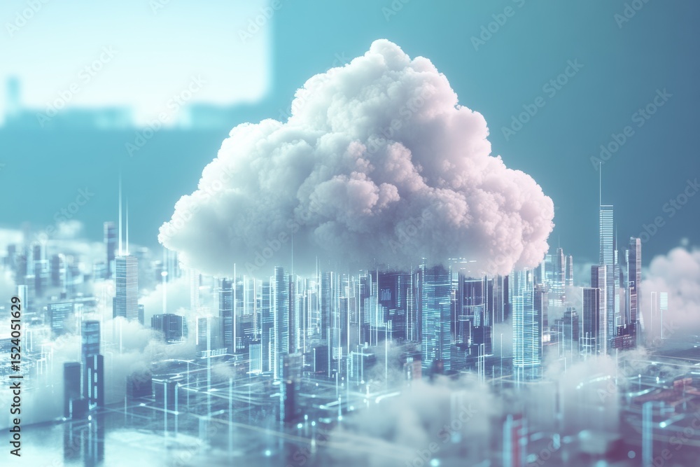 Poster futuristic cloud computing infrastructure over a digital cityscape