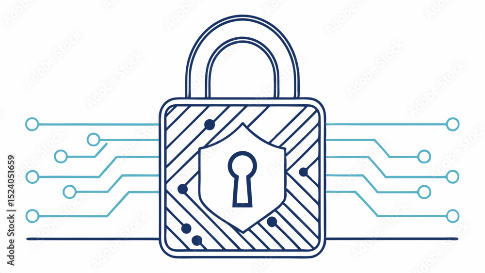 Aufkleber blue padlock with shield and keyhole connected to circuit lines isolated on white background silhoue