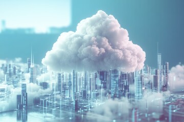 Futuristic cloud computing infrastructure over a digital cityscape