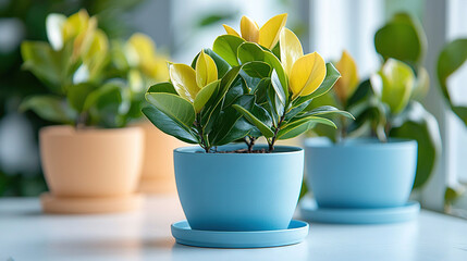   A cluster of potted plants resting on a white table near each other on a windowsill