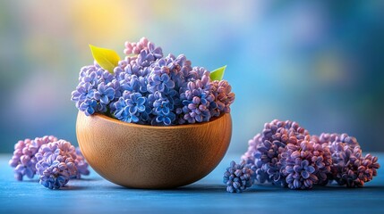   A wooden bowl filled with purple flowers sits atop a blue table, alongside a mound of vibrant blooms