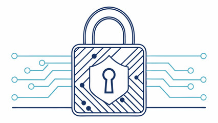 Blue padlock with shield and keyhole connected to circuit lines isolated on white background silhouette vector