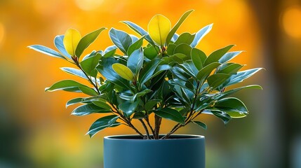    a potted plant on a table with trees in the distance