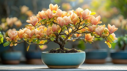   Bonsai tree in blue bowl on table, surrounded by background bonsai trees