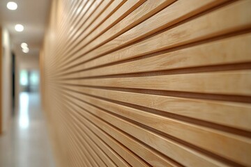 Scandinavian modern interior with birch wood slat wall, detailed view of the wood grain, smooth polished texture and natural tones. Generative AI

