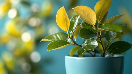   A close-up of a miniature plant in a cerulean pot surrounded by verdant foliage against a blue backdrop