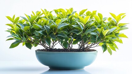   A potted plant with vibrant green foliage sits atop a white tablecloth, nestled inside a cerulean bowl The plant's reflection mirrors its lush