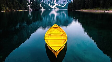   A yellow boat floats atop a snow-covered lake next to a green forested mountain