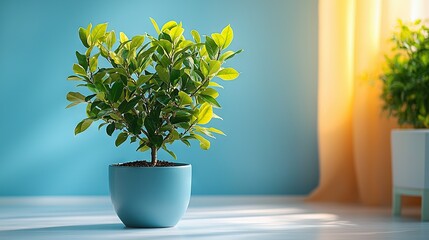   Potted plant on table, facing blue wall with yellow drapes