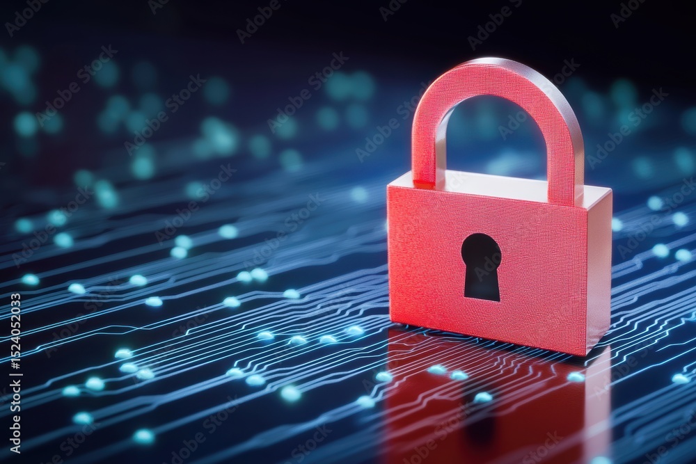 Poster digital padlock symbolizing data security in a vibrant data stream background