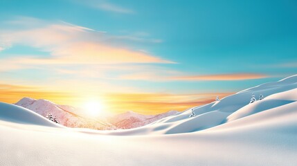   A snowboarder rides through a snowy mountain range as the setting sun illuminates the sky behind