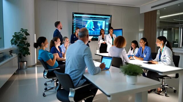 Medical professionals having a collaborative meeting in modern hospital conference room - Powered by Adobe