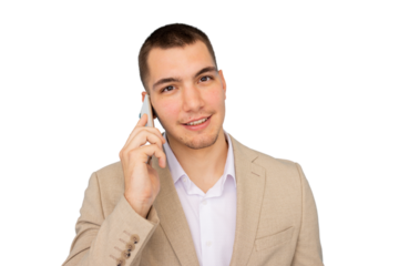 Young businessman talking on mobile phone, smiling confidently against transparent background
