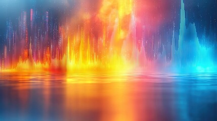  A colorful digital depiction of a city on a water body with a mirror-like reflection